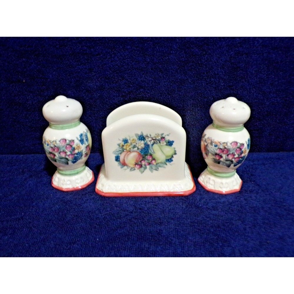 Avon "Sweet Country Harvest" Napkin Holder & Salt & Pepper Shaker Fruit Vintage